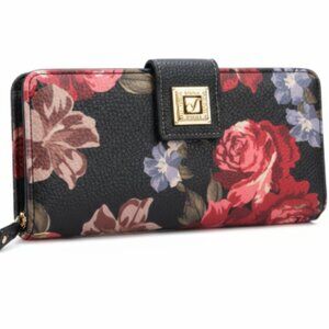 Stone Mountain Leather Wallet USA Black Floral Women’s Snap & Zipper Checkbook